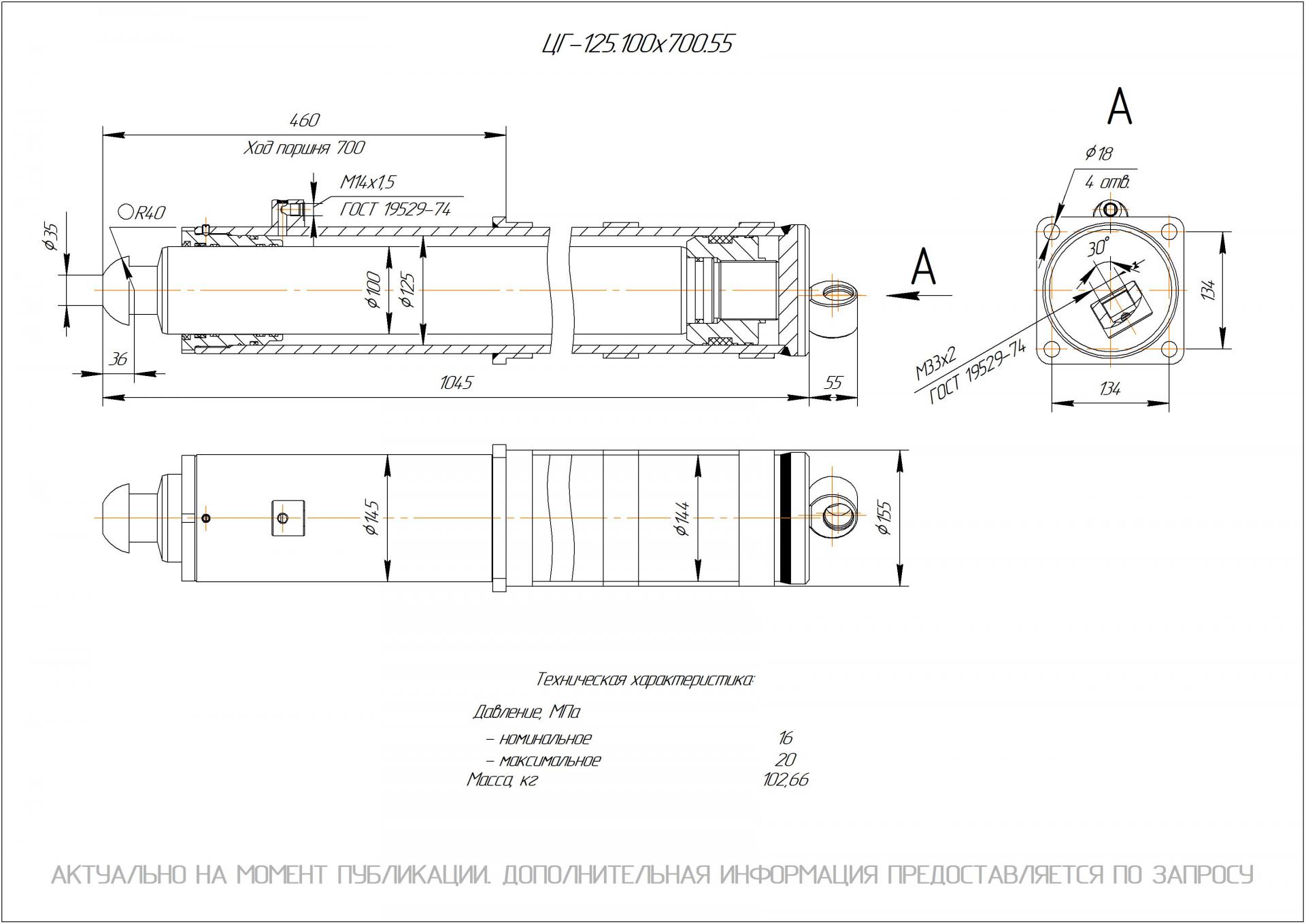  Чертеж ЦГ-125.100х700.55 Гидроцилиндр